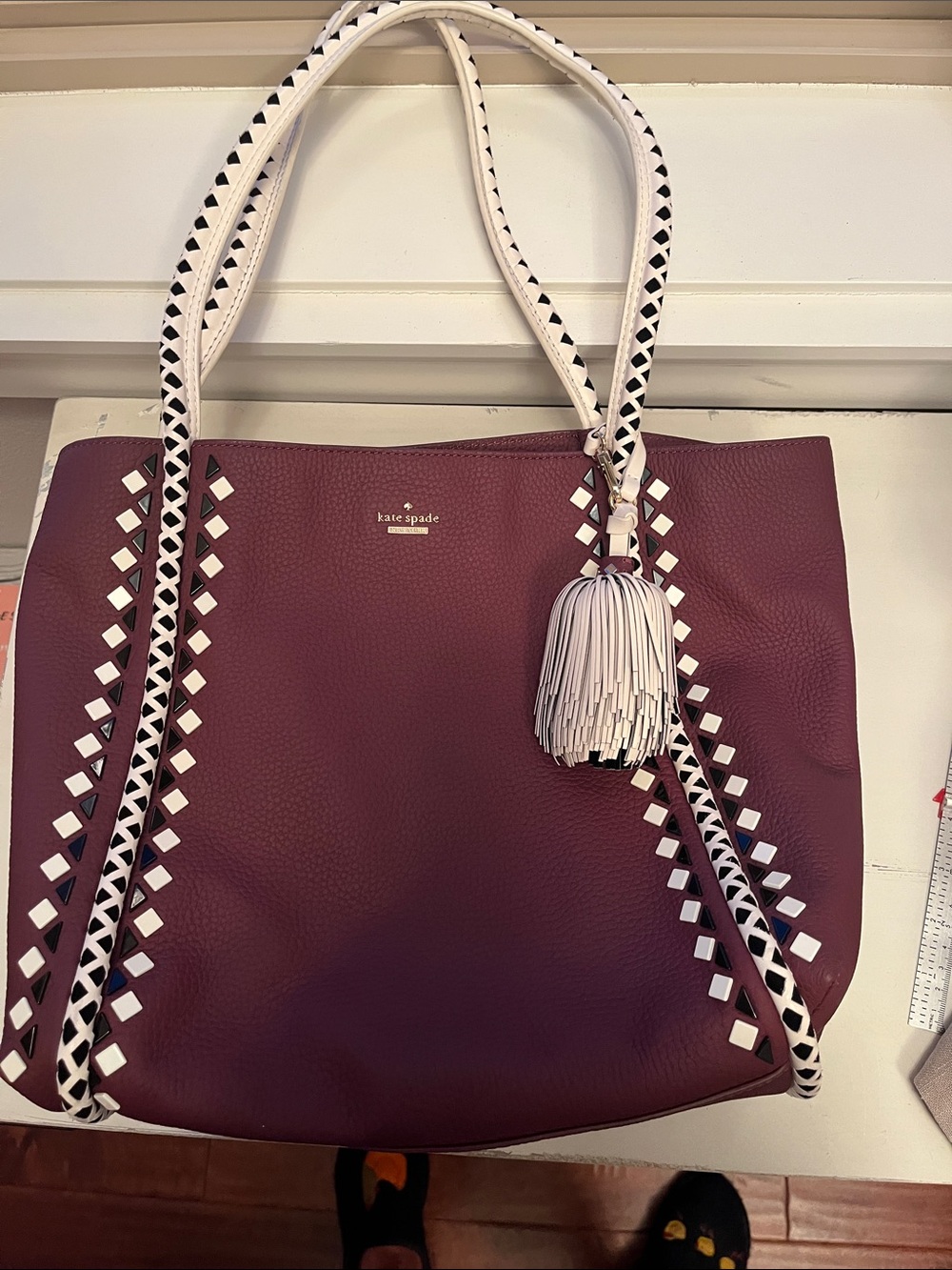 kate spade Plum Tote with White Trim and Tassel Accent